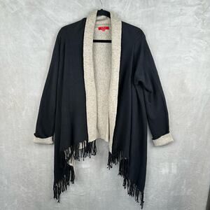 Derhy Sweater Womens Large Black Tan Open Front Cardigan Wool Blend Fringe Boho